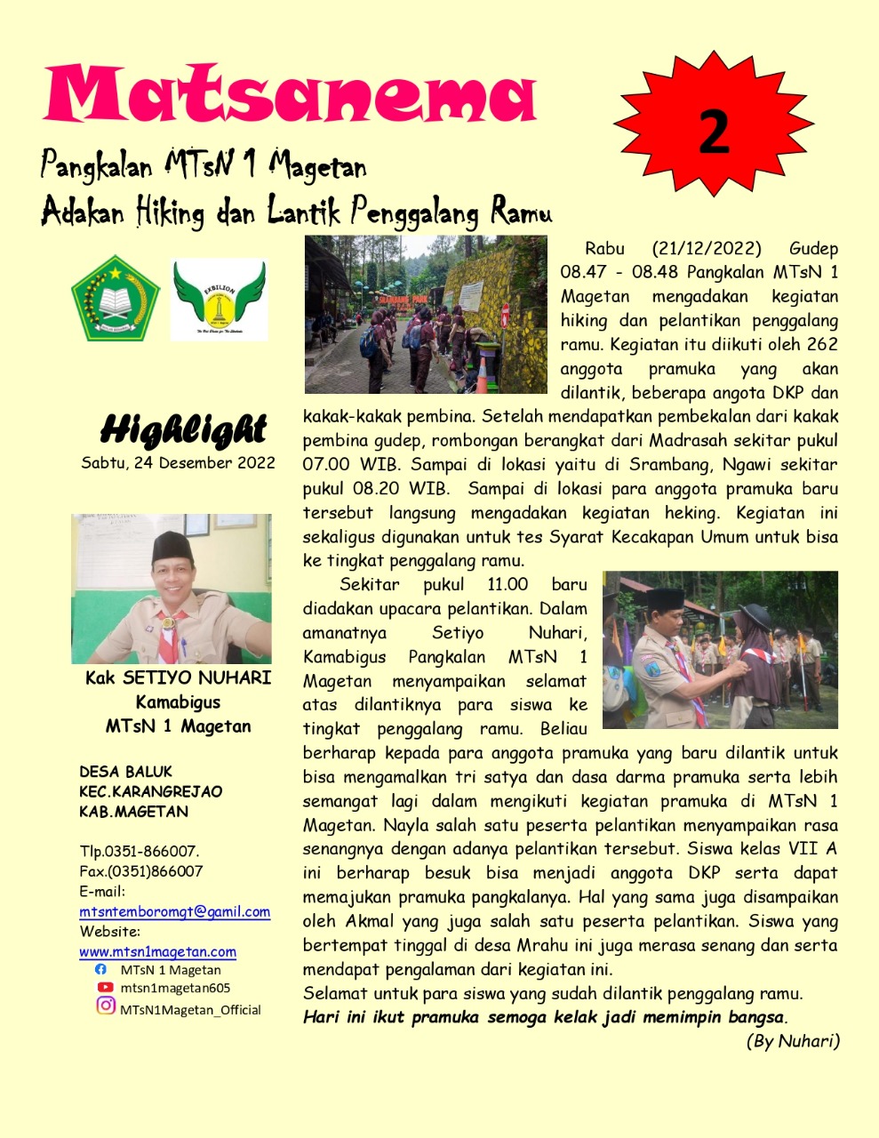 Pangkalan MTsN 1 Magetan Adakah Hiking dan Lantik Penggalang Bru